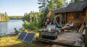 A family enjoying cottage life with a sustainable solar cooler running entirely off-grid without grid electricity.
