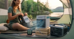 Infographic comparing ambient outdoor temperatures versus tent interior temperatures using battery-powered cooling units. / Infographie comparant les températures extérieures et intérieures d'une tente avec des systèmes de refroidissement portables.