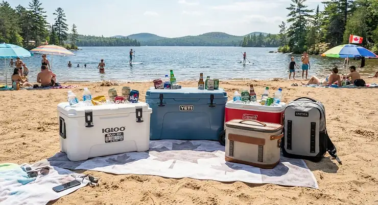 A variety of top rated beach coolers perfectly suited for a sunny day at a Canadian beach or lake.