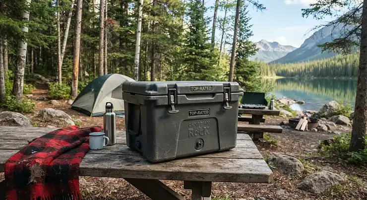 A high-performance camping cooler sitting on a wooden picnic table at a scenic Canadian provincial park campsite.