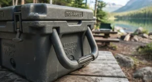 Close-up of a top-rated camping cooler featuring heavy-duty handles, built for durability during rugged Canadian outdoor excursions.