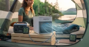 A durable, USB-rechargeable tent fan with an integrated power bank hanging from a tent pole. / Un ventilateur de tente rechargeable par USB avec batterie intégrée suspendu à un mât de tente.