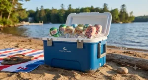 A flat lay of a high-value beach cooler under $80 CAD alongside picnic supplies and sunglasses for a Canadian weekend trip.