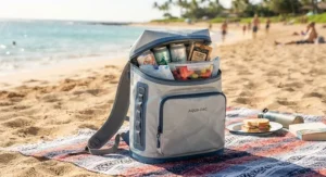Waterproof backpack cooler for a beach picnic packed with cold beverages and snacks on a sunny afternoon.