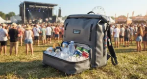 A waterproof backpack cooler for festivals designed to keep beverages icy cold during hot weather.