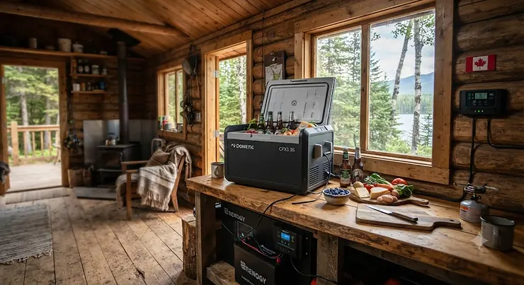 A reliable 12V cooler for off-grid living powering fresh food and drinks inside a rustic off-grid cabin in the Canadian wilderness.