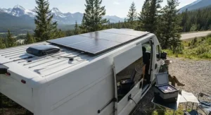 Solar panels mounted on an off-grid RV roof powering a portable freezer for off-grid RV use during a summer road trip.