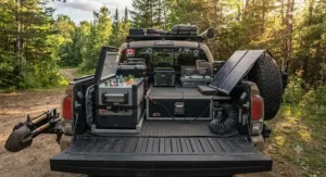 A 12V portable solar fridge for overlanding installed in the back of a rugged 4x4 truck prepared for off-grid camping in Ontario.