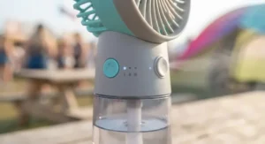 Close-up of the control buttons on a portable misting fan for festivals showing adjustable airflow and mist settings.
