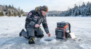 Canadian angler using a backpack cooler for ice fishing next to a hole drilled in the ice.