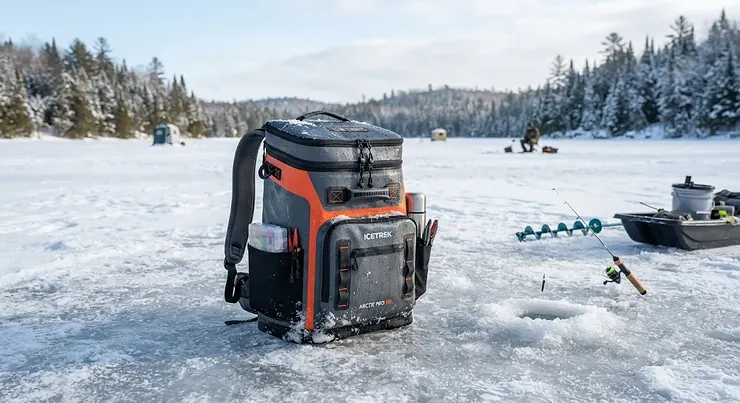 A high-performance backpack cooler for ice fishing resting on a frozen Canadian lake during winter.