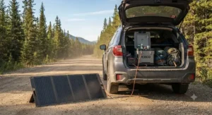 A high-efficiency foldable solar panel connected to a 12v camping fridge in the back of an SUV on an Alberta logging road.