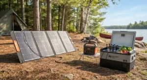 Illustration showing a portable camping fridge keeping food and drinks cold via a foldable solar panel outdoors.