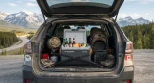 Portable 12V cooler for off-grid living packed securely in a car trunk for a weekend camping trip through the Rocky Mountains.