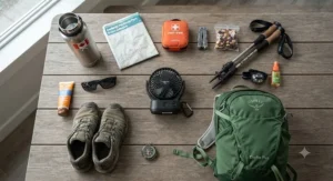 Flat lay photography of essential Canadian day-hiking gear featuring a compact battery fan for trail hiking, a water bottle, and a trail map.