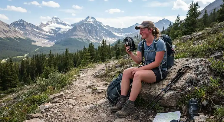 A hiker resting on a rugged Rocky Mountain trail in Alberta, using a compact battery fan for trail hiking to cool down during a warm summer trek.