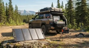 An overland vehicle equipped with a foldable solar panel for camping fridge during a remote Canadian road trip.