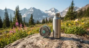 A pocket-sized portable fan for hiking displayed next to a reusable water bottle for scale.
