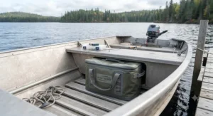 A compact soft-sided fish cooler for a boat stored neatly in a small fishing skiff.