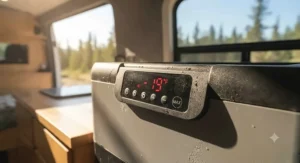 Digital control panel showing sub-zero temperatures on a portable freezer for off-grid RV use in hot summer weather.