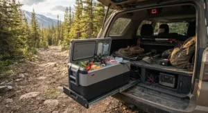 Rugged dual-zone 12V cooler for off-grid living loaded in the back of an overland 4x4 vehicle exploring rough northern backcountry trails.