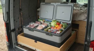 A dual-zone portable freezer for off-grid RV filled with fresh produce and meat for an extended Canadian wilderness journey.
