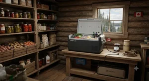 Spacious 12V cooler for off-grid living serving as auxiliary refrigeration in a remote off-grid homestead pantry in Canada.