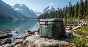 A durable, water-resistant lightweight cooler for day hikes positioned by a scenic alpine lake in British Columbia.