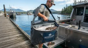 An easy-clean fish bag cooler showcasing its convenient drain plug for quick rinsing after a fishing trip.