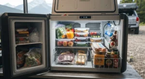 The illuminated interior of a portable solar fridge for overlanding showing organized compartments for food storage during an extended expedition.