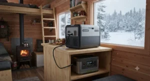 Low-power 12V cooler for off-grid living plugged into a lithium battery station inside an off-grid tiny home during winter.