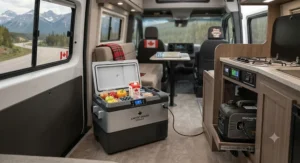 An energy-efficient generator-compatible cooler running inside an RV during a cross-Canada road trip.