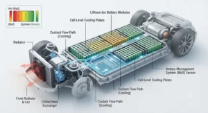 Diagram showing how an electric vehicle lithium battery cooler regulates temperature during operation.