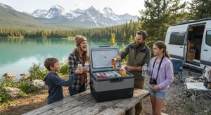 A family taking cold beverages out of a portable freezer for off-grid RV at a scenic lakeside campsite in Canada.
