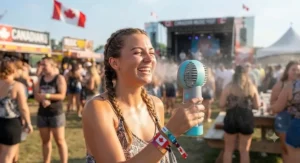 A smiling festival-goer cooling down with a portable misting fan for festivals during a hot day at an outdoor music event.
