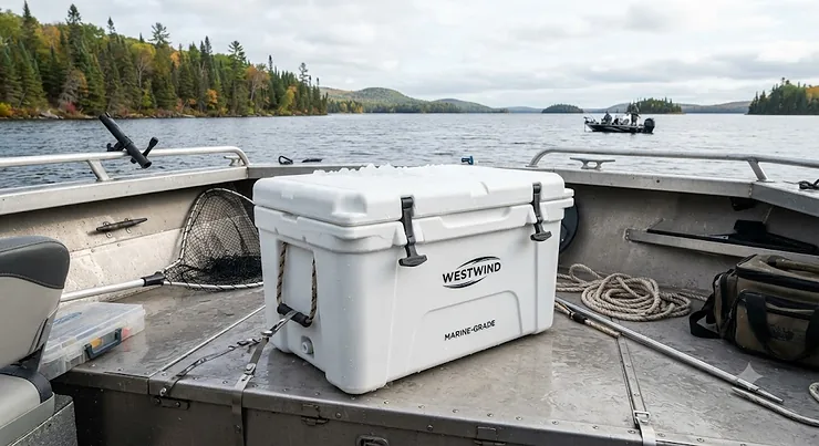 A durable fish cooler for a boat sitting on the deck, ready for a day of fishing on a Canadian lake.