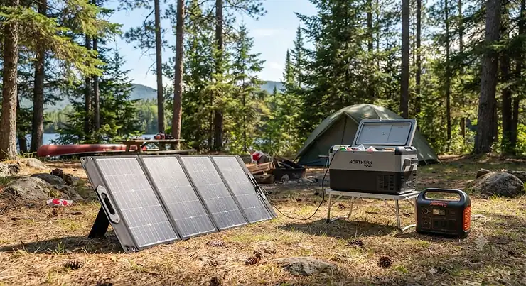 A portable foldable solar panel for camping fridge set up at a Canadian campsite surrounded by pine trees.