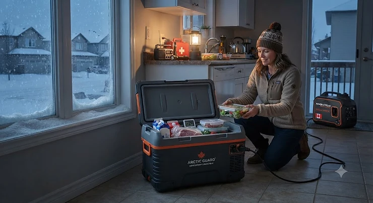 A generator-compatible cooler keeping food fresh during a Canadian power outage or severe weather emergency.
