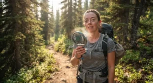A compact handheld portable fan for hiking providing relief on a humid afternoon trail.