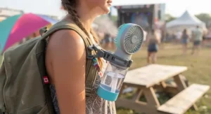 A portable misting fan for festivals attached to a backpack strap via a durable clip for hands-free carrying.