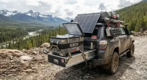 A heavy-duty portable solar fridge for overlanding designed to withstand rugged terrain and changing weather across the Canadian backcountry.