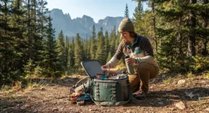 A Canadian hiker packing food and drinks into a lightweight cooler for day hikes before hitting the trail.
