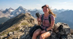 A smiling hiker enjoying a cool breeze from a handheld battery fan while taking a break on a scenic summit ridge in Canada.