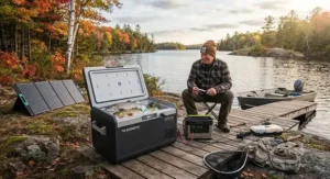 Ice-free electric 12V cooler for off-grid living keeping freshly caught lake fish cold during an autumn fishing trip in Ontario.