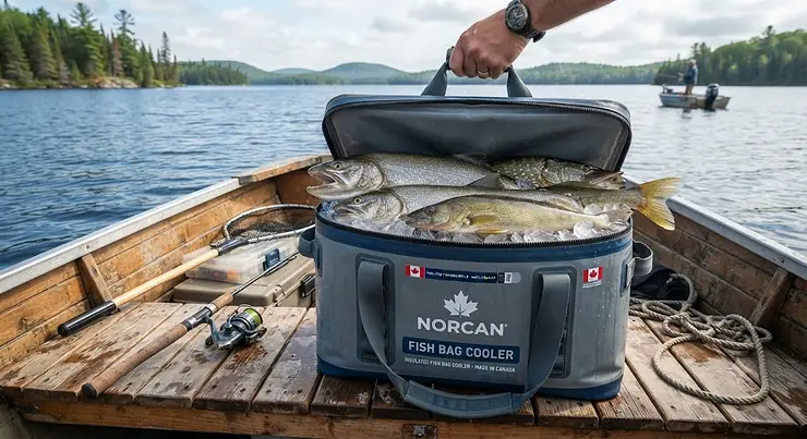 An insulated fish bag cooler loaded with freshly caught fish, ideal for Canadian fishing trips.