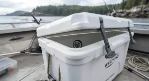 Thick-walled fish cooler for a boat designed to keep ice frozen during multi-day fishing trips.