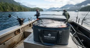 A large-capacity fish bag cooler being used to store Pacific salmon on a boat in British Columbia.