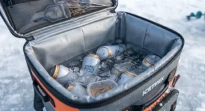 Leakproof inner lining of a backpack cooler for ice fishing designed to keep melted ice contained.