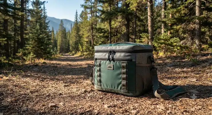 A sleek lightweight cooler for day hikes resting on a rugged dirt trail surrounded by pine trees.