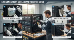 Step-by-step illustration showing routine maintenance checks for a commercial lithium battery cooler.
